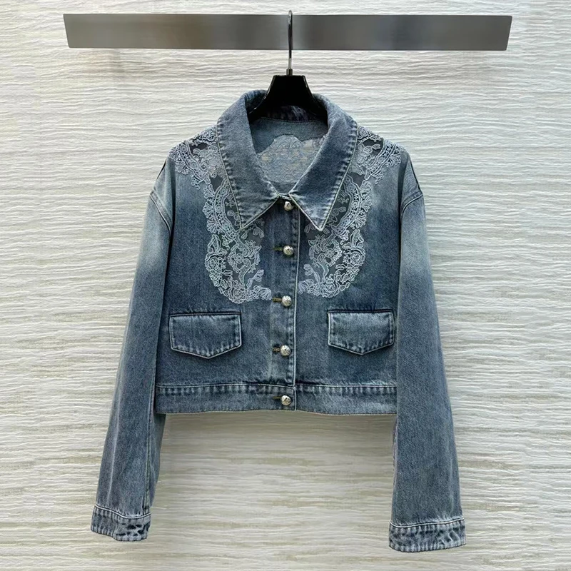 Women's Vintage Denim Jacket Coat, Washed, Hollow Lace Jacquard Embroidered Shirt, Fashion High Quality Tops, Fall, New, y2k