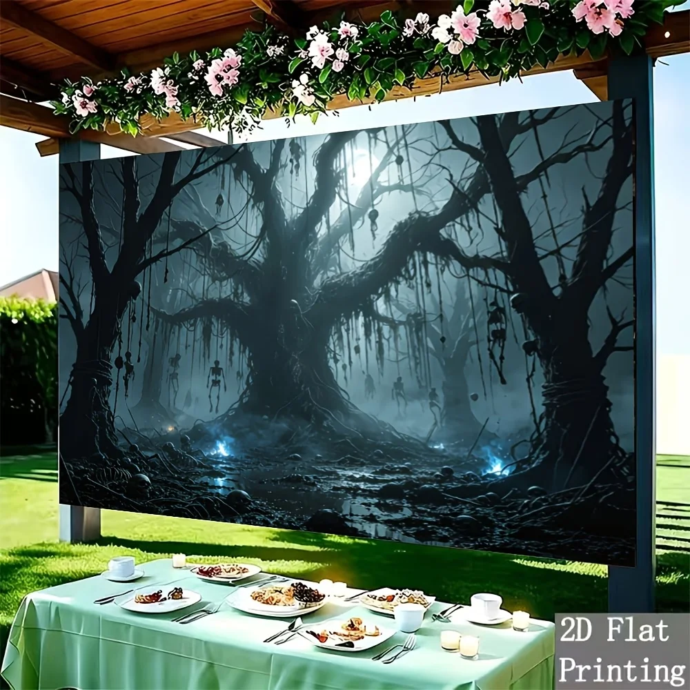 2D-Flachfotografie-Hintergrund, Halloween-Horror-Hintergrund mit dunklem Wald und Skelett