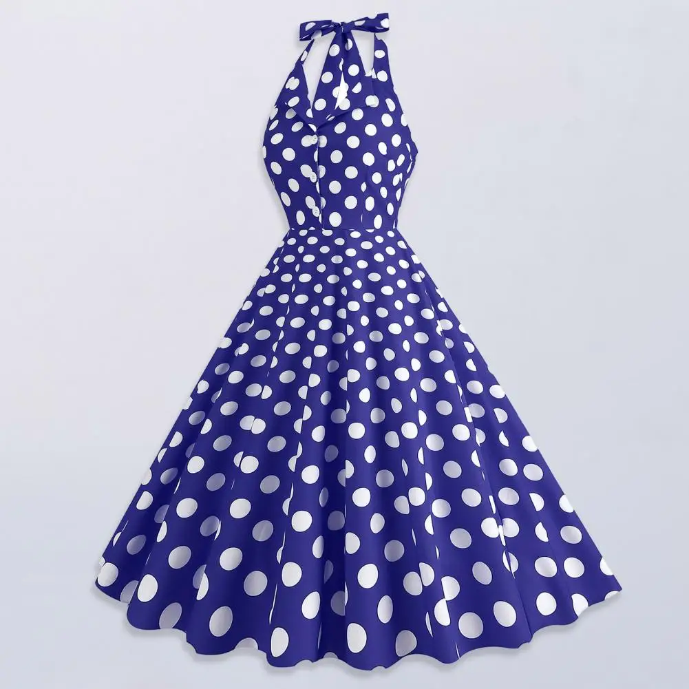 Women Halter Neck Dress Elegant Retro Dot Print Evening Dress with Lace Up Backless Halter Neck High Waist Button for Party