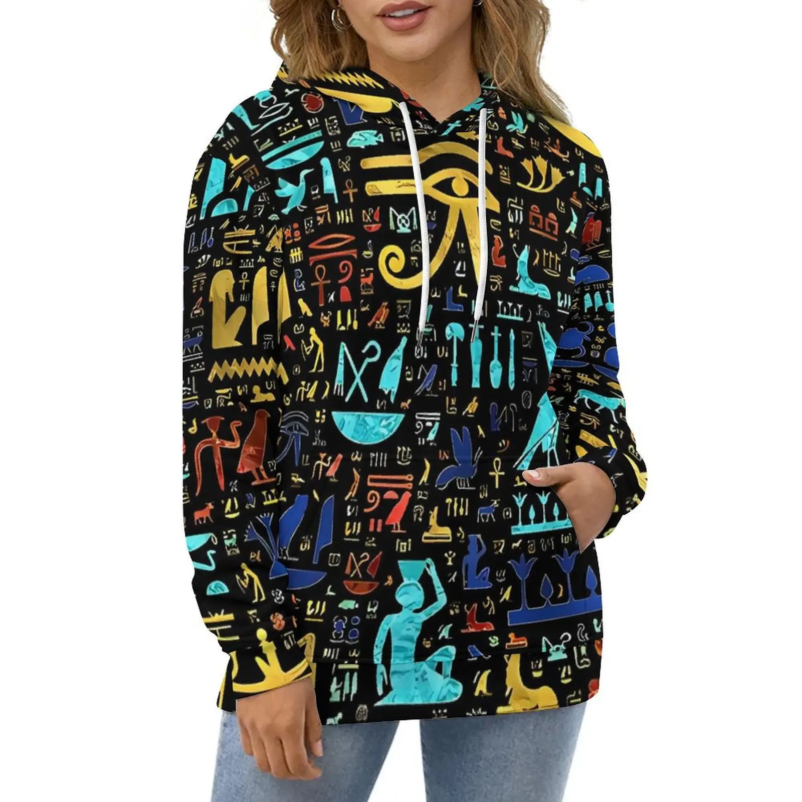 Colorful  Ancient Egyptian Art Hieroglyphic Hoodies  Streetwear Casual Pullover Hoodie Long Sleeve Aesthetic Hooded Sweatshirts