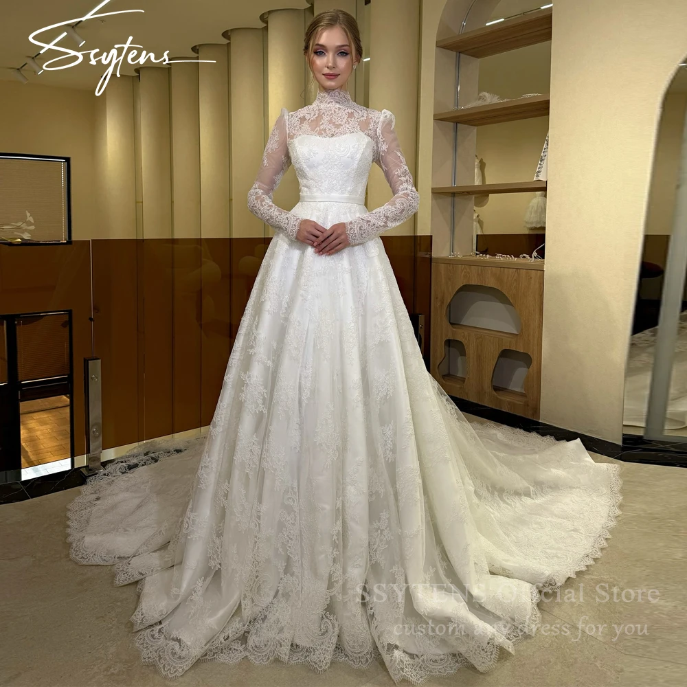 

SSYTENS Modern Princess Wedding Dresses High Neck Full Lace Bridal Dress Muslim Long Sleeves Bride Wear Wedding Gown Customized