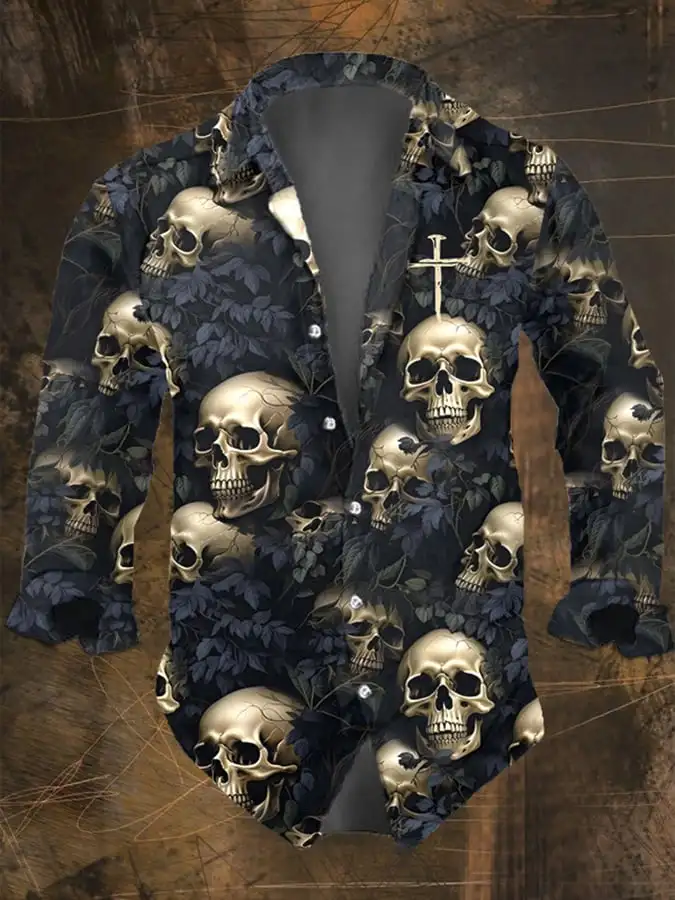 Chemise Homme à Manches Longues Imprimé Halloween - Décontractée, Matière Légère - Pour Fête Et Déguisement