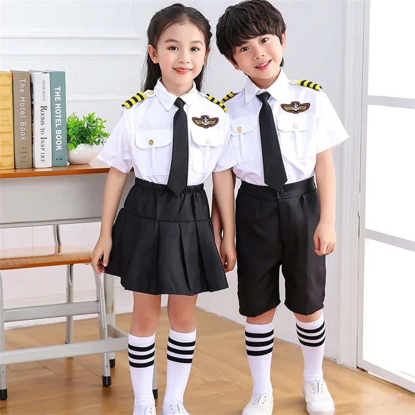 Flug begleiter Cosplay Kostüme für Kinder Halloween Party Flugzeug Pilot Uniformen Kinder Leistung Beruf Klasse tragen