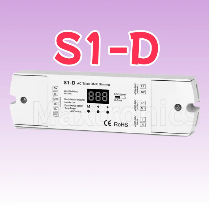 

Skydance AC100V- 240V S1-D 2 Channel Triac DMX LED Dimmer 2CH Phase-cut RDM Silicon DMX 512 Controller Digital Display Dimmer