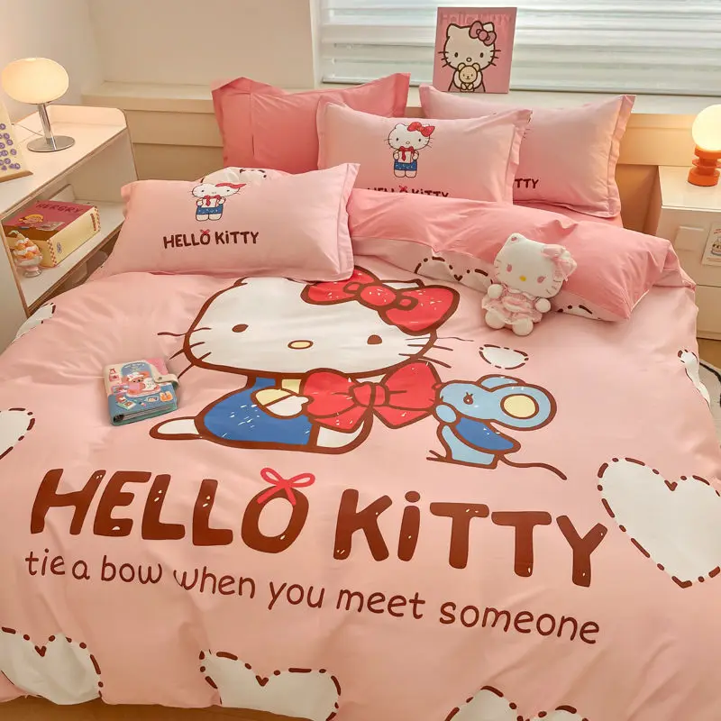 

Genuine Sanrio Hello Kitty 100% Cotton 4pcs Set Pure Cotton Children's Bed Sheet Quilt Cover Pillowcase Kt Cat 3pcs Set