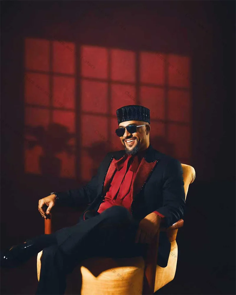 Conjunto de trajes negros con solapa roja para hombre, chaqueta con cuentas + Pantalones, esmoquin de boda, chaqueta Formal de oficina para novio y graduación, abrigo de algodón, 2 piezas