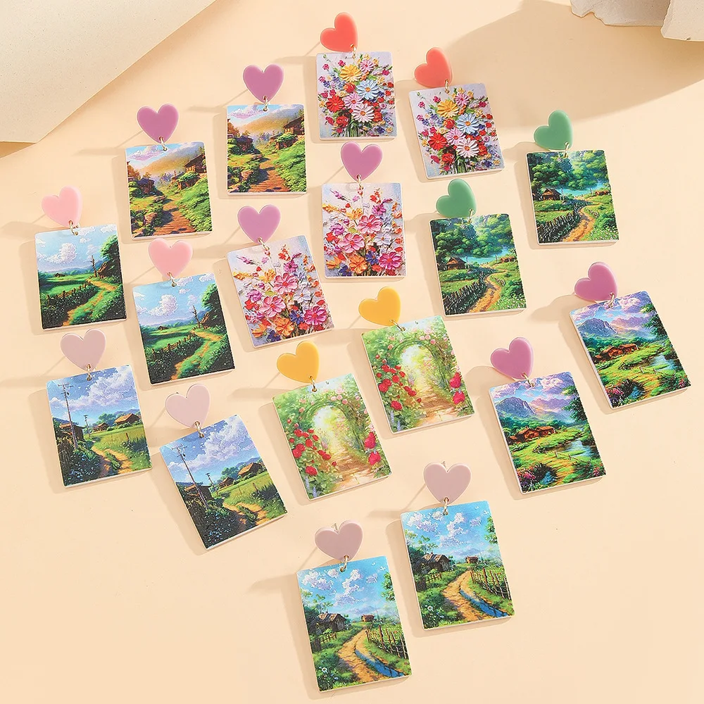 New oil painting color flower house stud earrings niche design sense spring and summer acrylic printing earrings factory direct