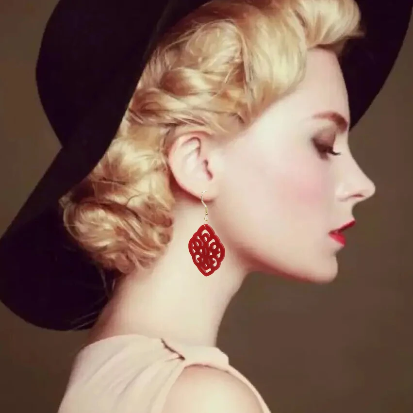 أقراط أكريليك مجوفة ، على الطراز الصيني القديم ، تصميم حصري ، أعمال يدوية أصلية ، حمراء ، تناسب كل شيء ، الموضة #1