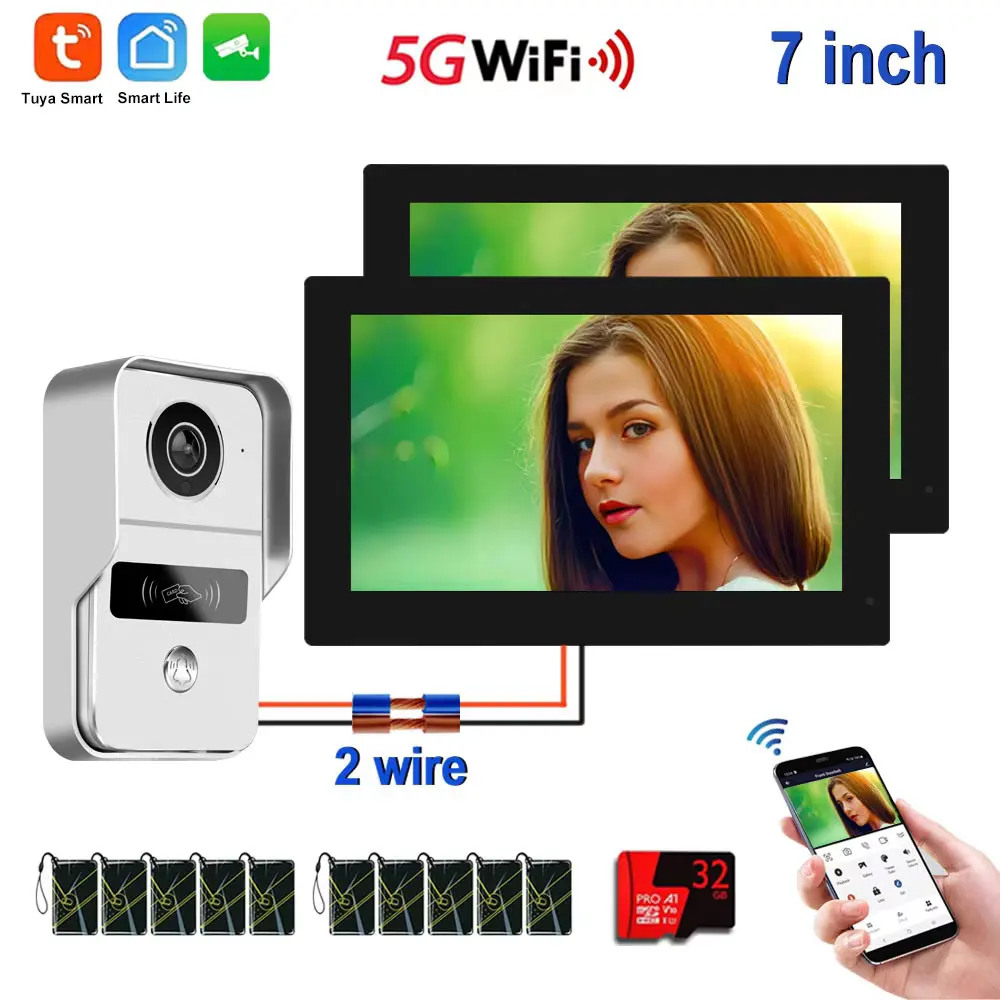 

Tuya Smart 5G Wifi 2 Wire 7/10 Inch 2pcs Touch Monitor Home Security villa Intercom System Video Doorbell IC Card NFC APP unlock