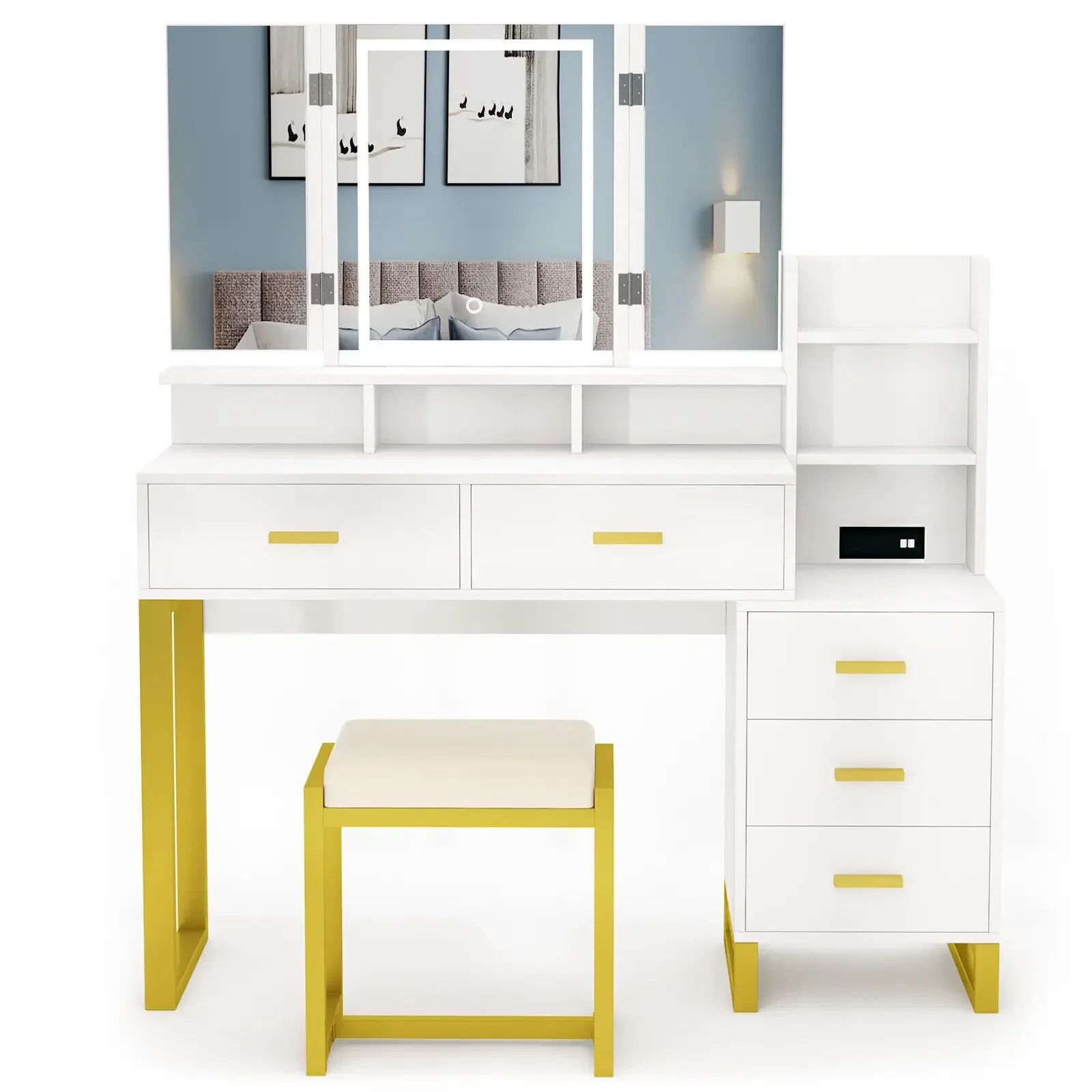 Postmodern Vanity Set With 3 Color LED Lighted Mirror Makeup Dressing Table Dresser Desk For Indoor Bedroom Furniture