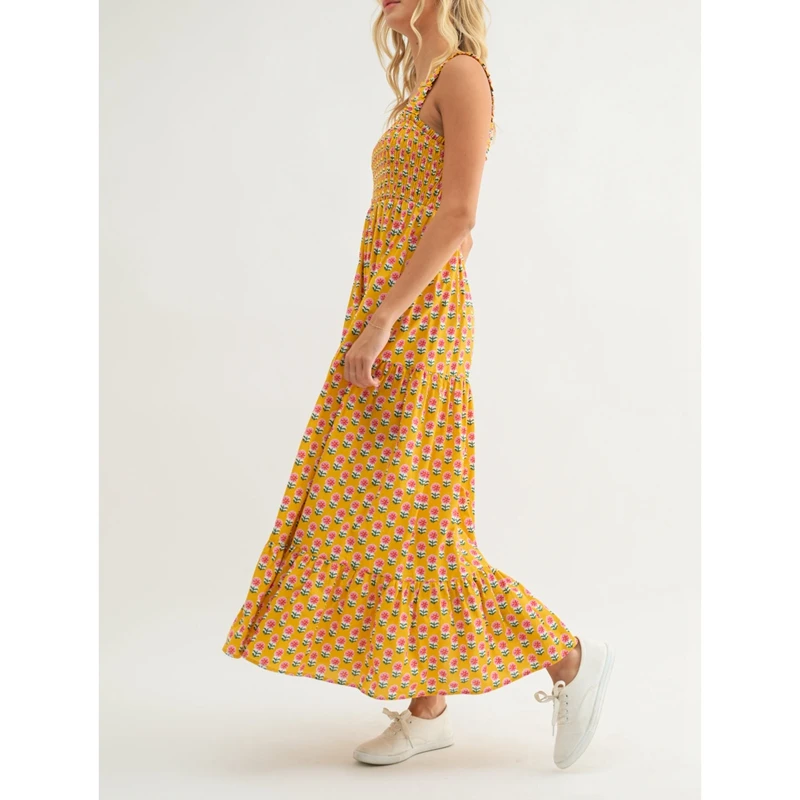 Combhasaki Abito da donna casual floreale con canotta smock collo quadrato senza maniche senza schienale a trapezio abito lungo con volant a strati con tasche