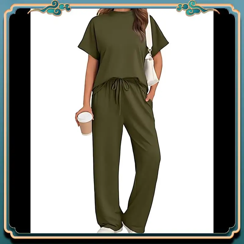 

ABMV-Women's Two-Piece Casual Suit Travel Sportswear Short-Sleeved Wide-Leg Casual Sports Suit