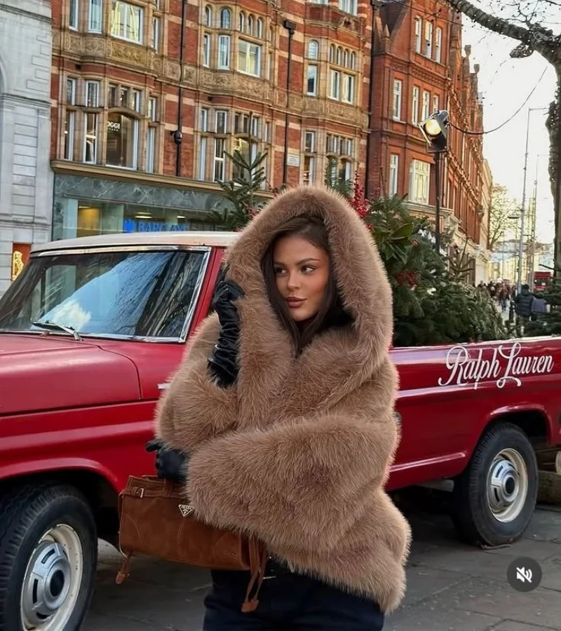 Women's Street Style Hooded Fox Fur Coat Loose Warm Imitation Fur Autumn Winter New Fashion Outerwear