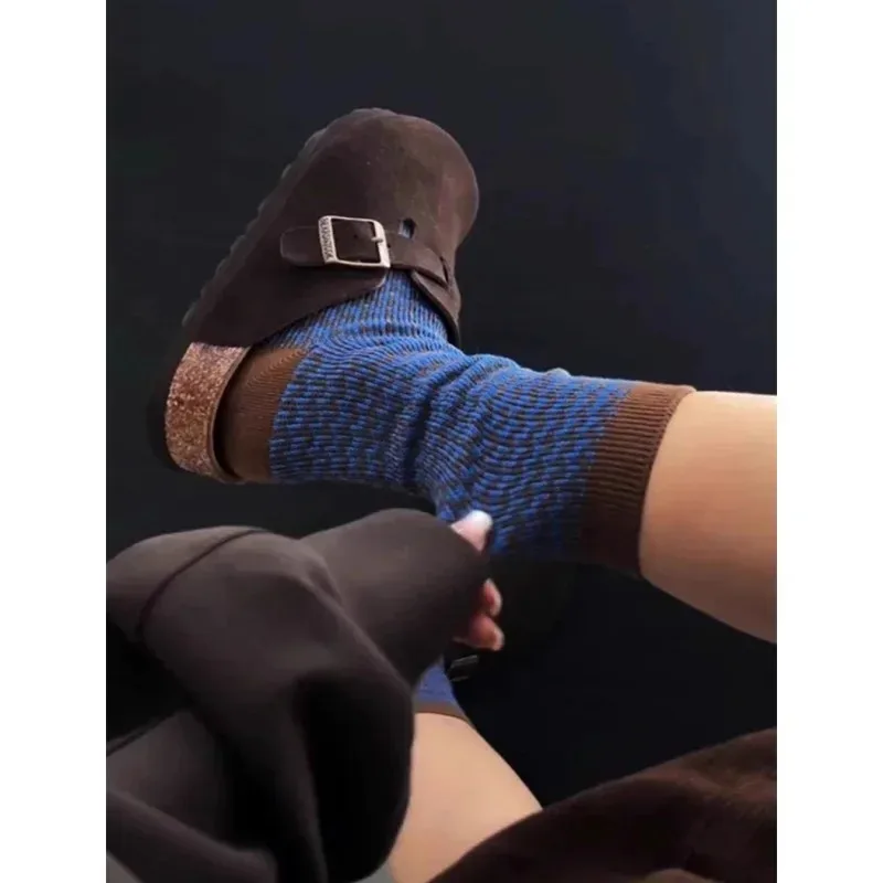 Fashionable Vintage Thousand Bird Grid Double Needle Double Road Medium Tube Socks Women's Color Blocking Hong Kong Style Male W