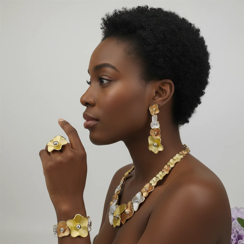 

Большой комплект украшений цвета африканского золота с ажурным дизайном: колье, браслет, серьги, кольцо для женщин, свадебный подарок, ювелирные изделия для невесты.