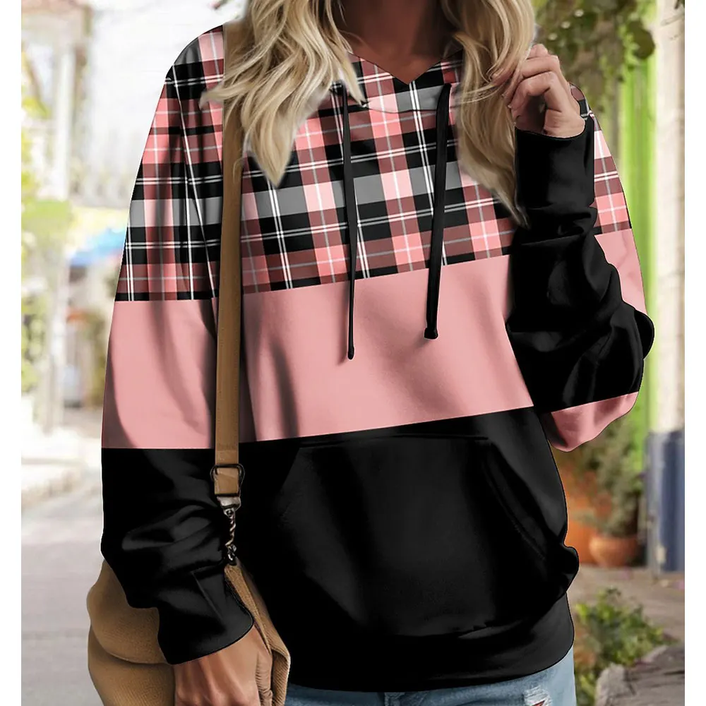 Women's Sweater Hoodies Sweatshirts Retro Trendy Checkered Color Blocked Street Long Sleeve Pullovers Autumn Woman Clothes