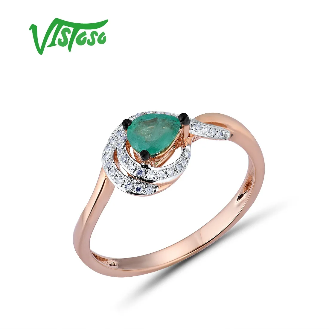 VISTOSO Gold Rings For Women Genuine 14K 585 Rose Gold Ring Magic Emerald Sparkling Diamond Engagement Anniversary Fine Jewelry