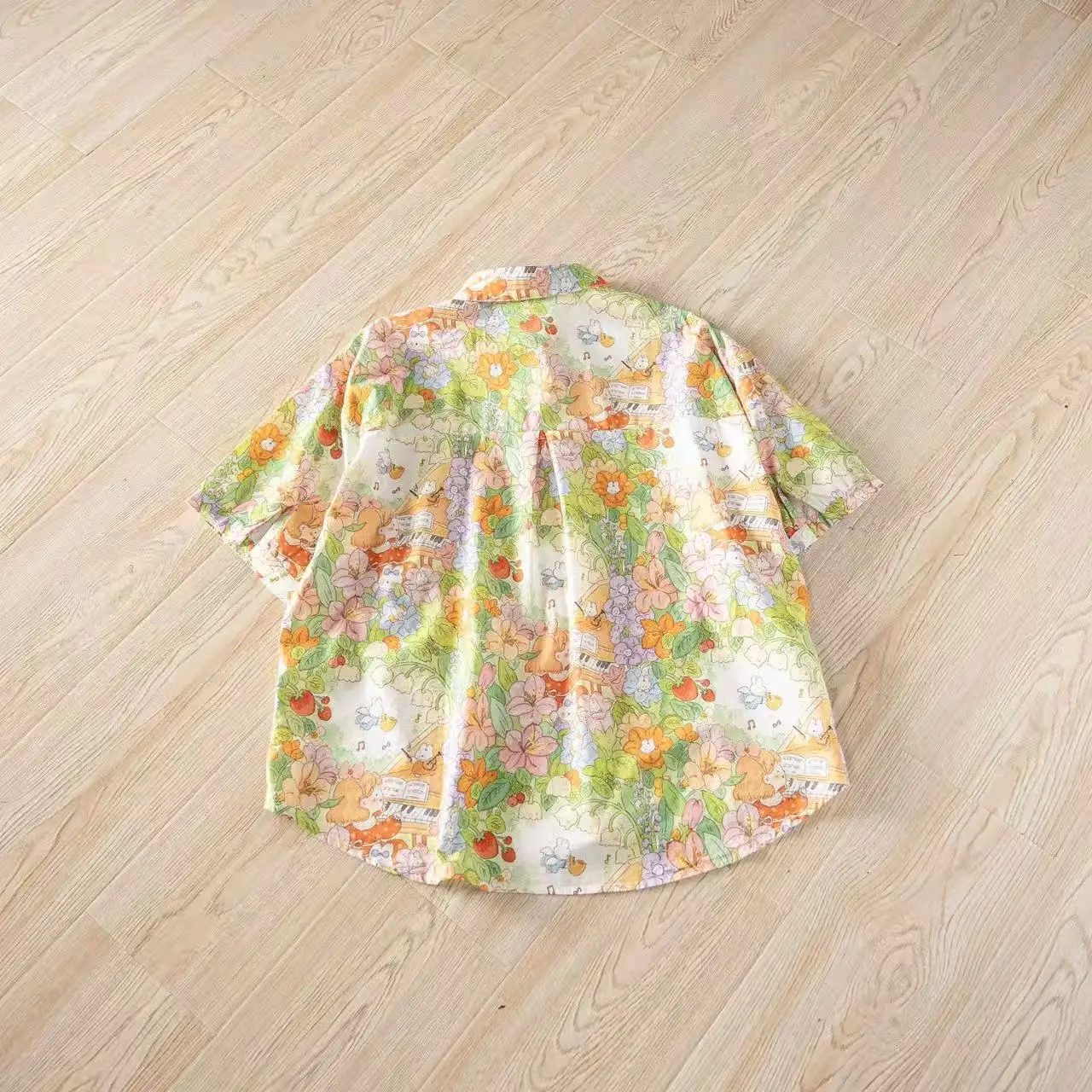 2026 Harajuku fashion green cartoon floral print oversized shirts short sleeve blouses for women 100% cotton summer tops 3