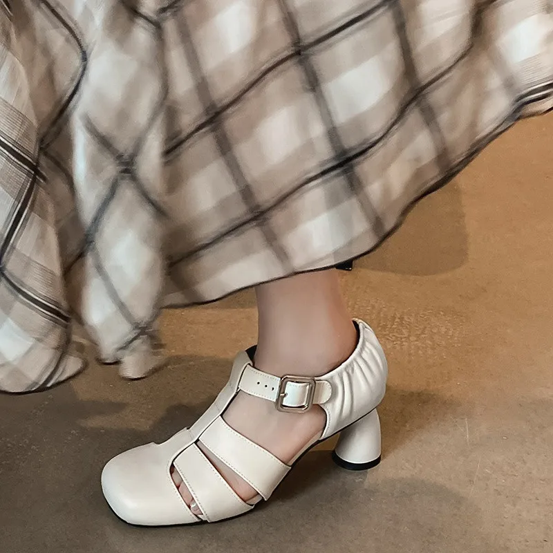 MKKHOU Fashion Sandals Women's New High Quality Genuine Leather Round Head High Heel Sandals Summer Women's Shoes