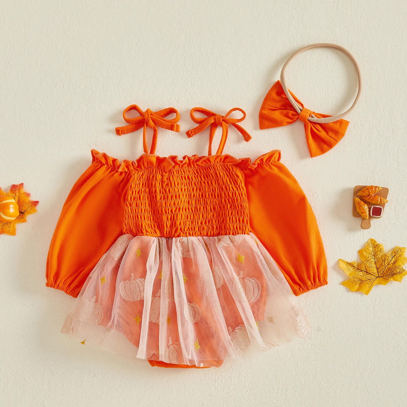 Baby Girls Fall Long Sleeve Romper Dress Pumpkin Embroidery Bodysuit Headband Halloween Costume