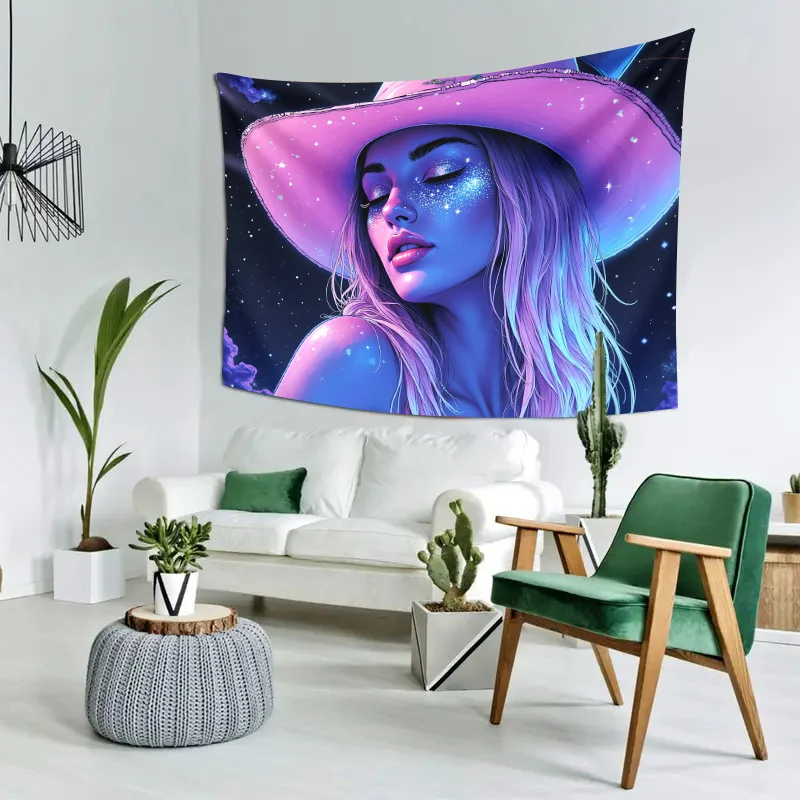Cosmic Girl Tapestry - Dreamy Space Woman with Hat, Starry Night Sky Art, Fantasy Wall Decor, Polyester, Multiple Sizes