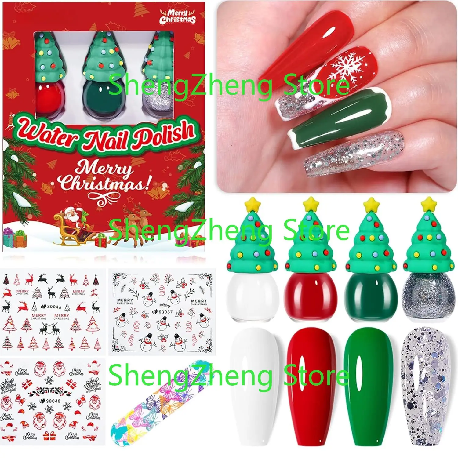 Christmas Water Based Nail Polish Set for Kids & Girls, Peel Off Kit, Art Stickers File Included, Non Toxic Quick Dry Little