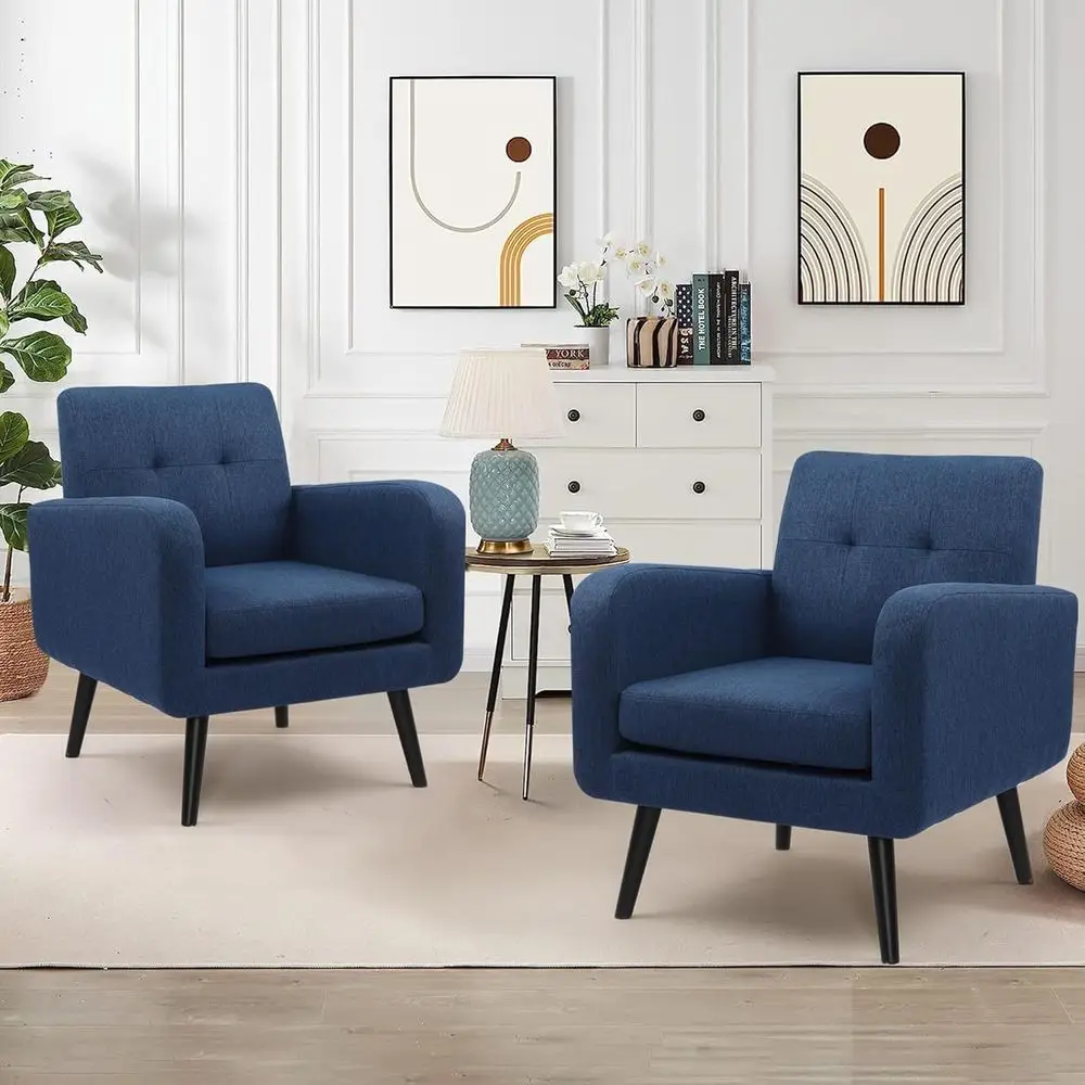 

Pair of Blue Linen Accent Chairs, Comfortable Upholstered Armchairs with Solid Wood Legs for Living Room, Reading, or Office Use