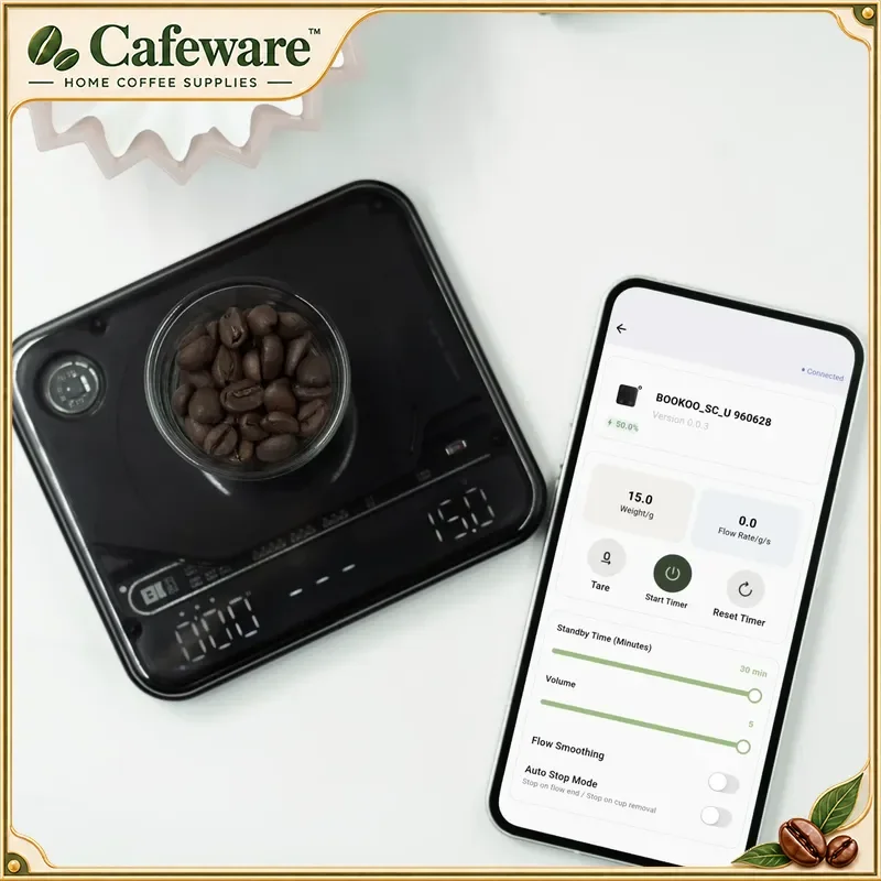 BOOKOO Themis Ultra Coffee Scale Black Full Waterproof Bluetooth Digital With Timer For Espresso Pour Over Coffee Brewing