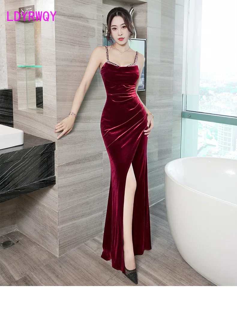 

New Sexy Strap Fishtail Evening Dress with Low Chest, Open Back, Hand Stitched Diamond, Celebrity Long Toast Dress