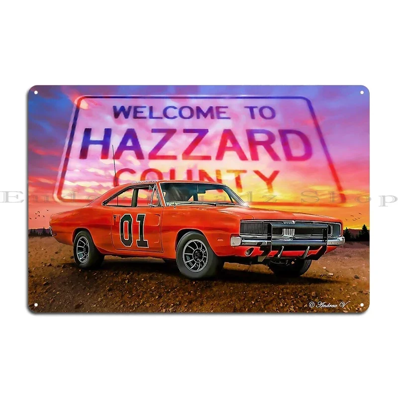 Welcome To Hazzard County Bo and Luke's Charger The Dukes Retro Style General Lee Racing Metal Vintage Mural Design Sign Poster