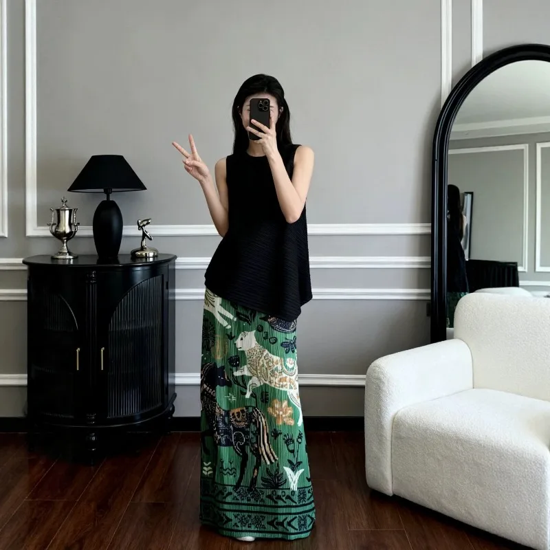 Miyake Pleated 2026 Green Animal Print Skirt New High Waist Elastic Straight Long Skirt Ethnic Style Slimming Versatile Pleat