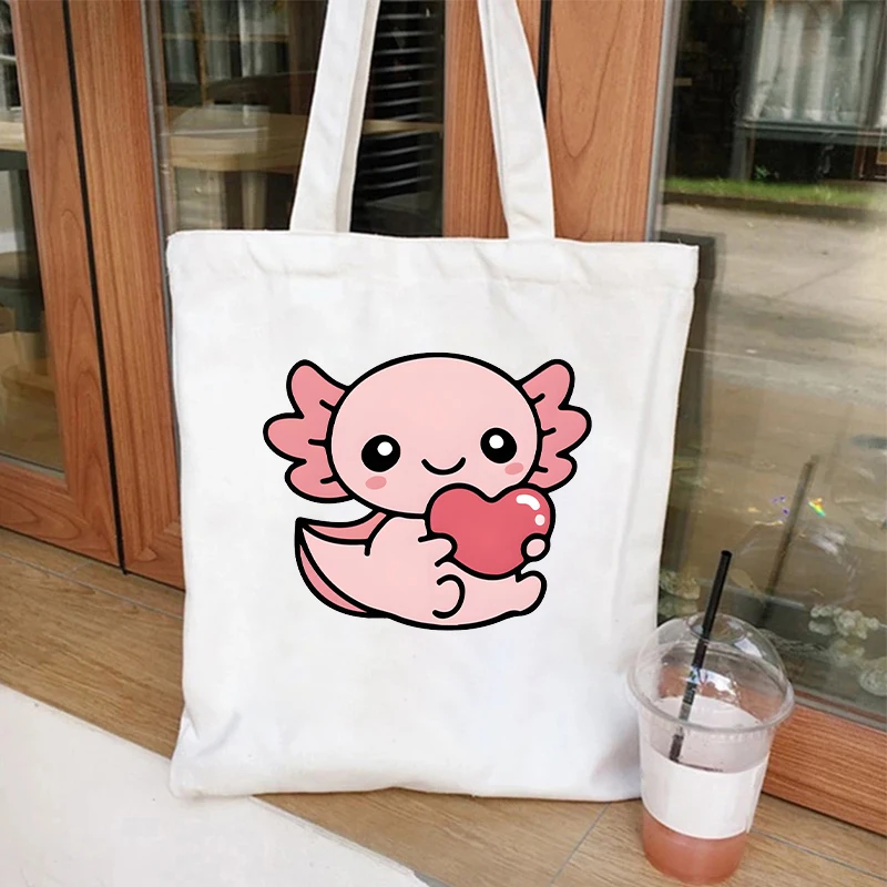 Sacola gráfica dos desenhos animados da lona para mulheres, sacola de compras, ambientalmente amigável, sacos de ombro portáteis, impressão Axolotl engraçada