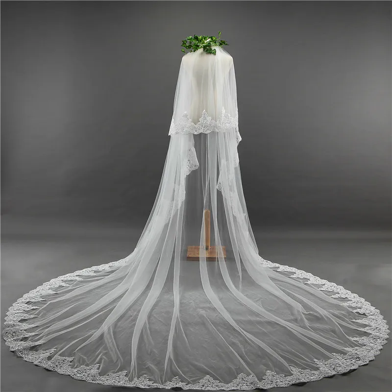 White Ivory 3M Long Lace Edge Bridal Veil Cathedral Length Lace Fringe Wedding Veil With Comb Elegant Wedding Hair Accessories F