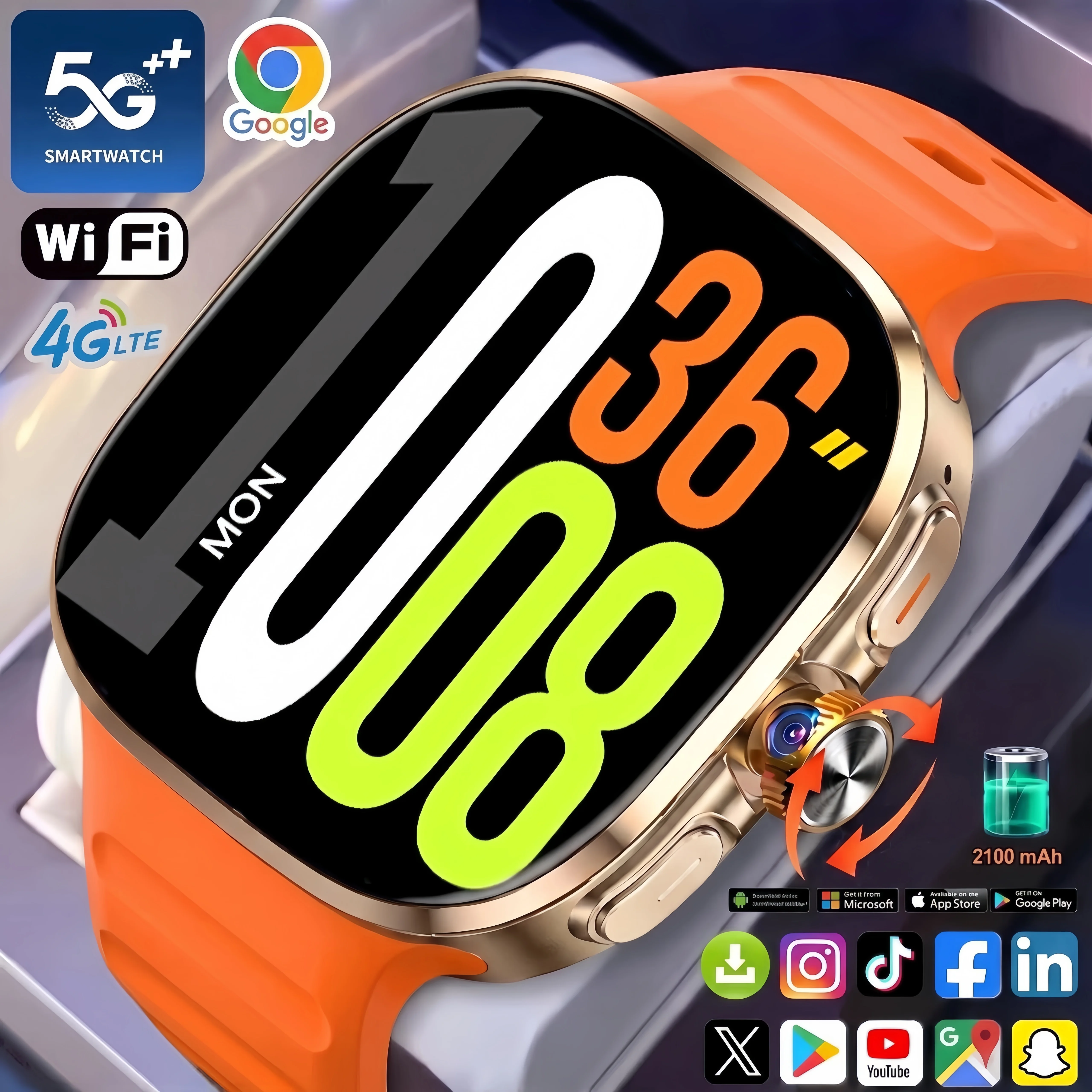 M99 Smartwatch 5G LTE Android 2.4inch Amoled Smart Watch With 190° Rotary Camera NFC GPS WIFI Sim Card Slot 2100Mah Battery