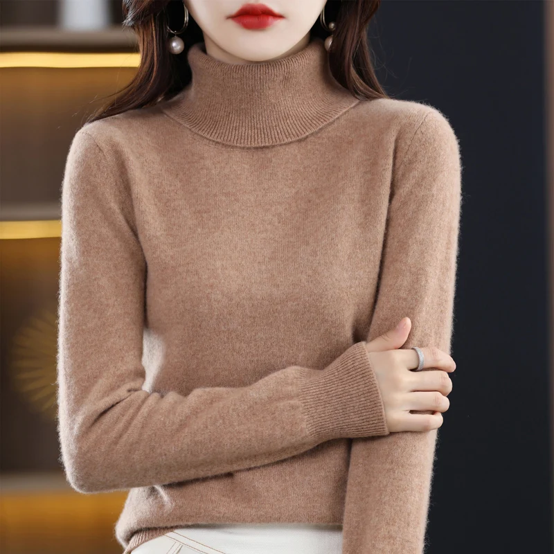 Fall/winter new 100% authentic sweater women\'s high neck loose solid color plus size sweater knit bottoming shirt.