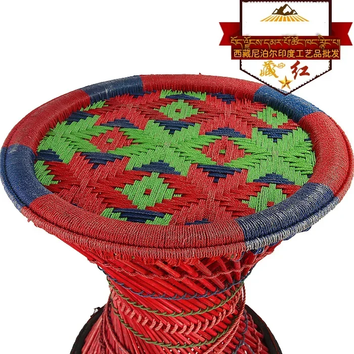 Dark Red Ethnic Style Tibetan Furniture Bamboo Strip Woven  Hourglass  Nepal Handmade Creative Waist Drum Stool