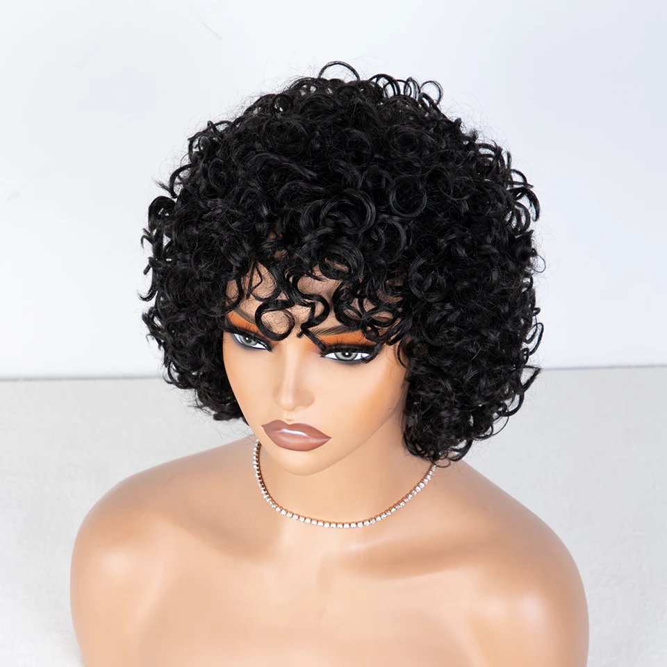 Pelucas de cabello humano brasileño rizado para mujeres negras, pelo corto elegante 100% Remy, Onda de agua de 10 pulgadas, color negro Natural