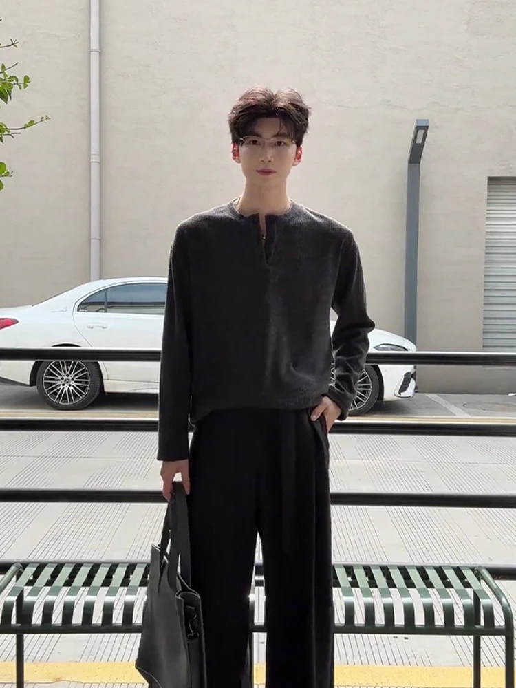 

Bla Long Sve Henry Collar T-irt Men's Autumn Cleanfit American Sle Sweatirt Retro Branch Texture Base irt