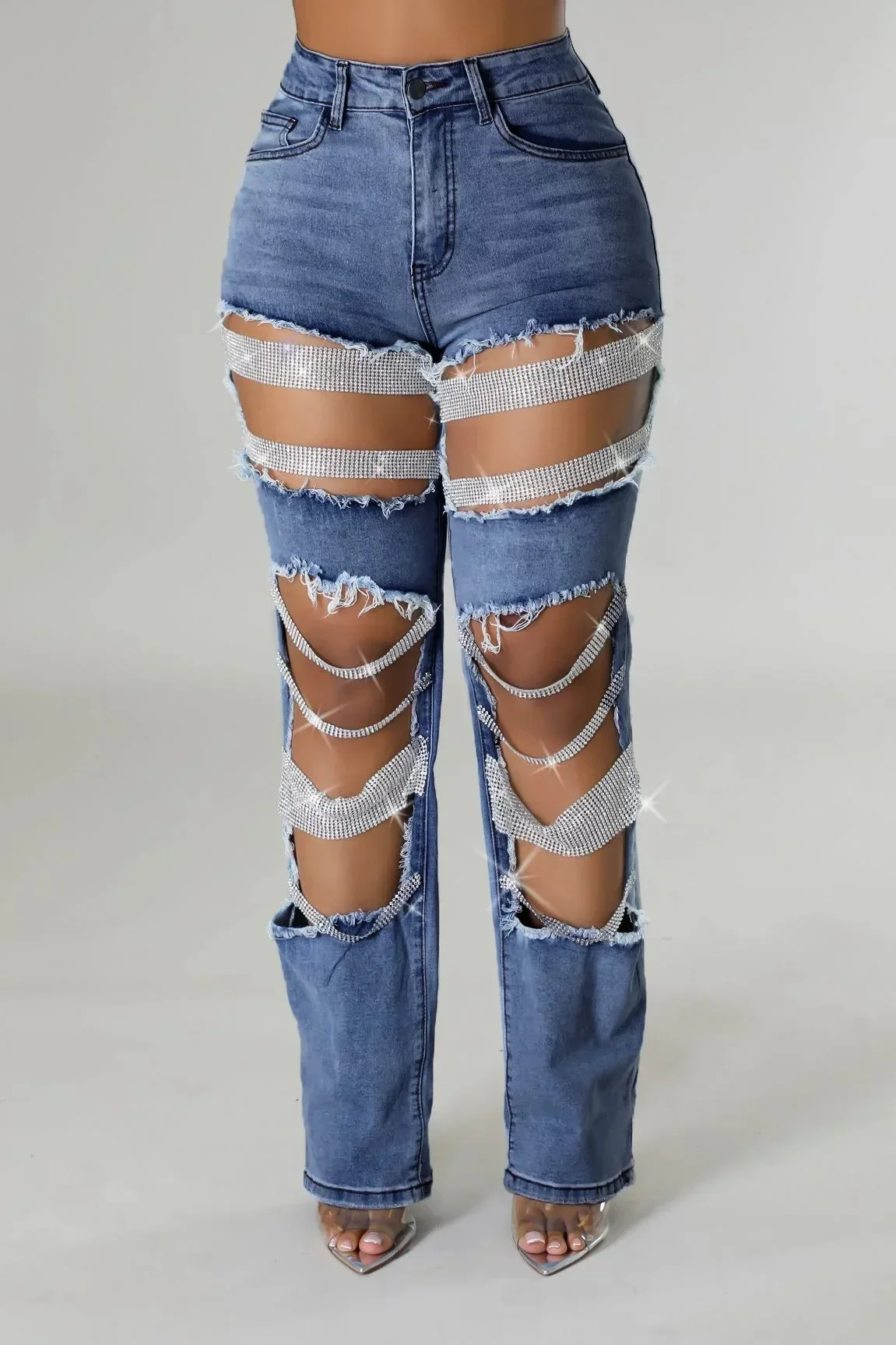 Summer Heavy Duty Denim Jeans Women's Long Pants Thin Material Hole Punching Beading Elastic Style Cross-Border AE Stock