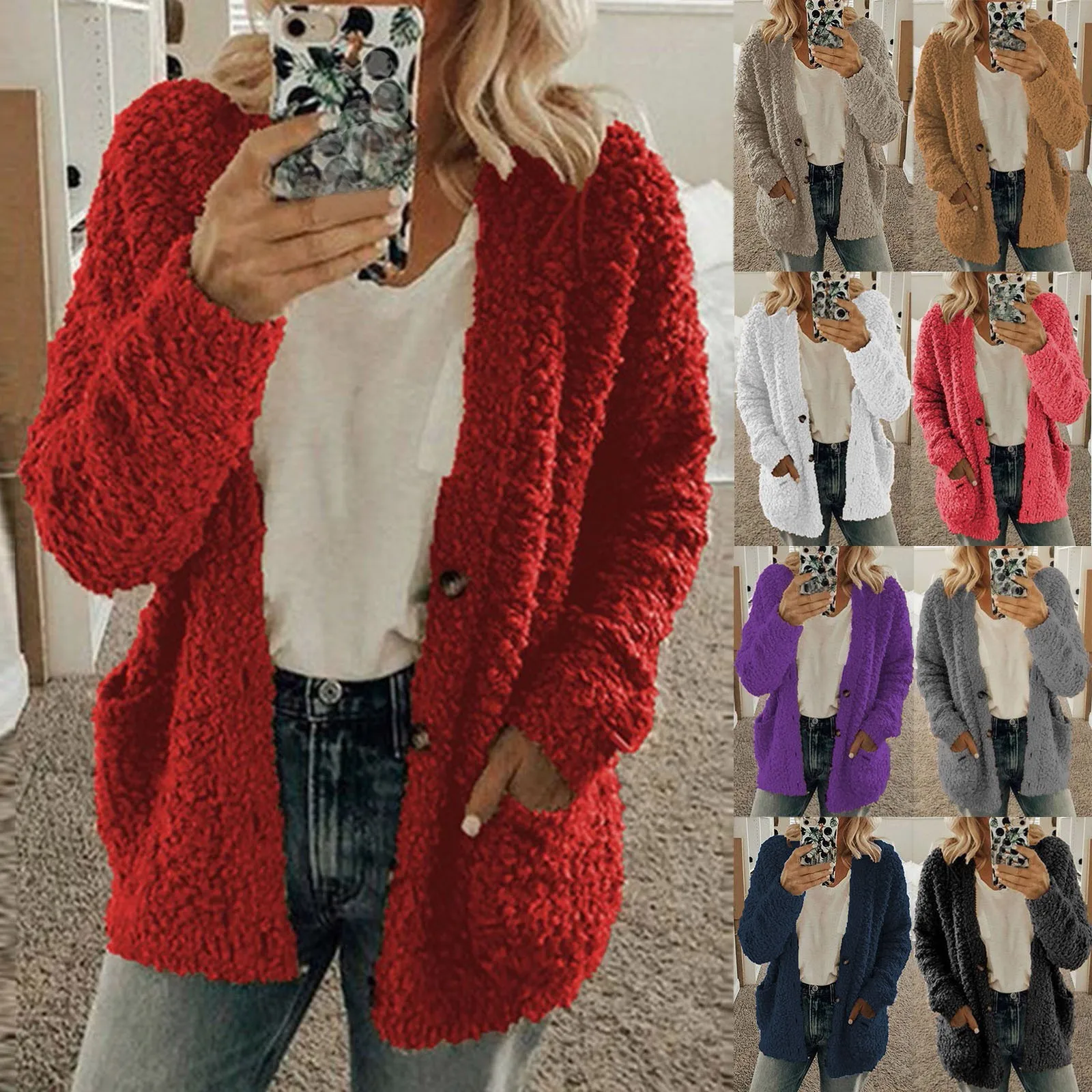 Women\'S Fleece Zip Up Jacket Women Casual Plus Size Plush Sweater Pockets Outerwear Buttons Cardigan Coat Ladies Jackets Tops