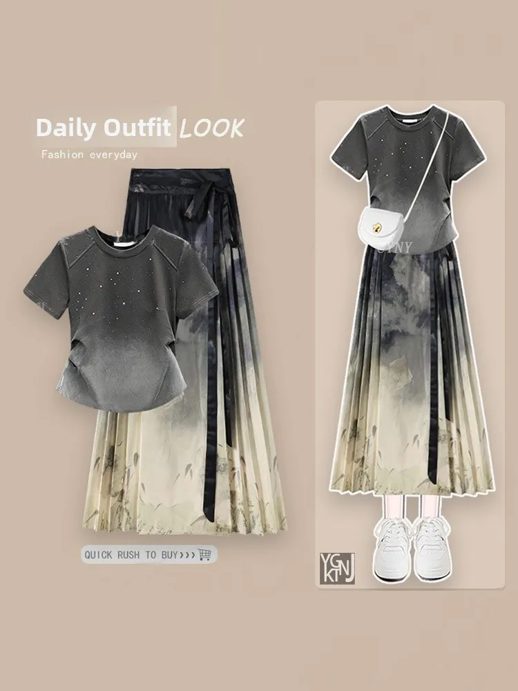 Black Gradient Heavy Work round Neck T-Shirt Women's Summer New Style Unique Elegant Top Matching Hanfu Skirt Slimming