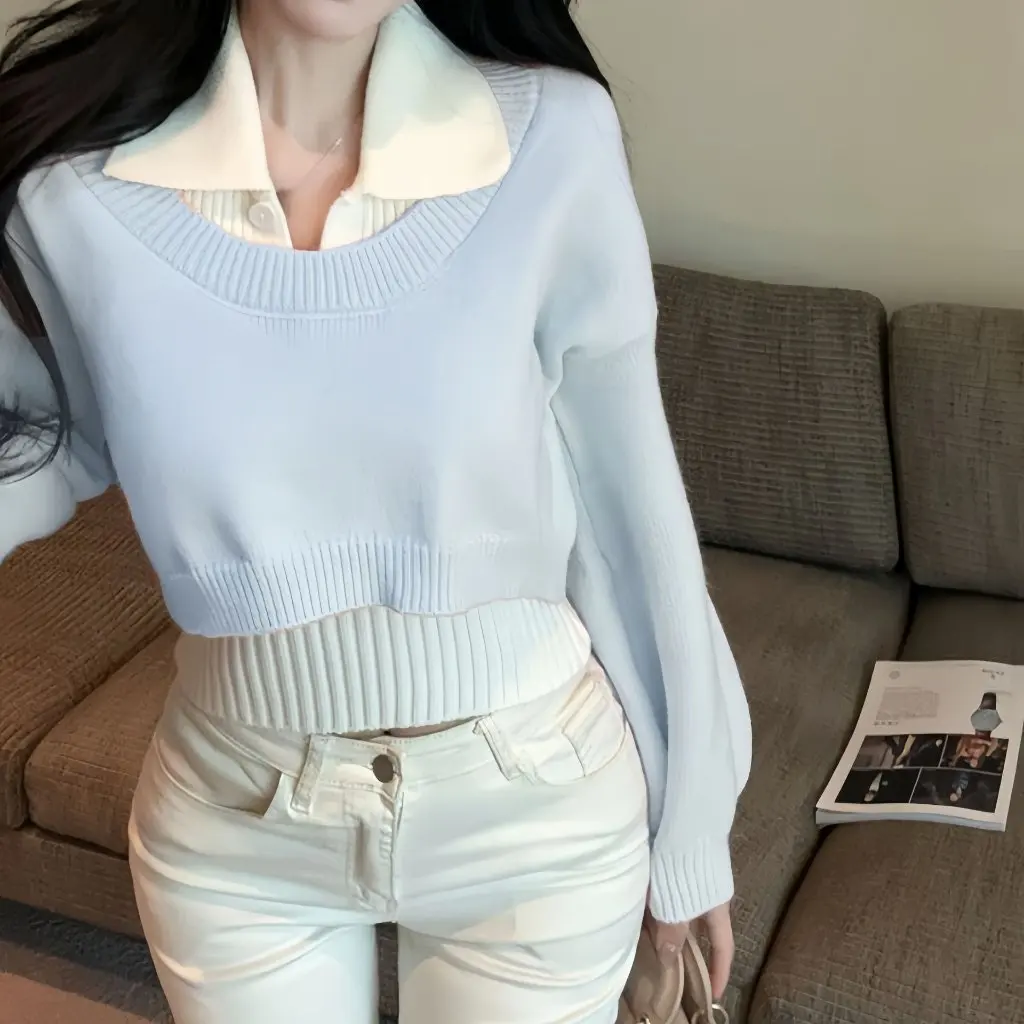 

Women's Knitted Base Shirt Early Autumn High-End Wear Short Inner Big Brother Sweater Top Two-Piece Suit