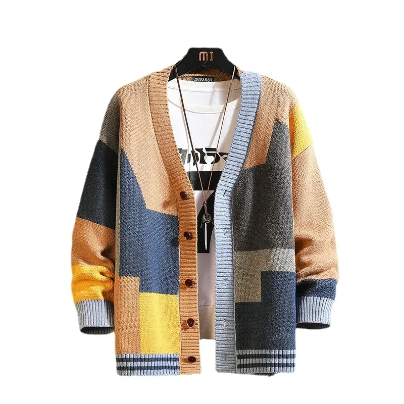 Vintage Knit Cardigan Jacket Stitching Colors Men Women Casual Sweater Cardigan Loose Wool Knitwear High Quality Knitted