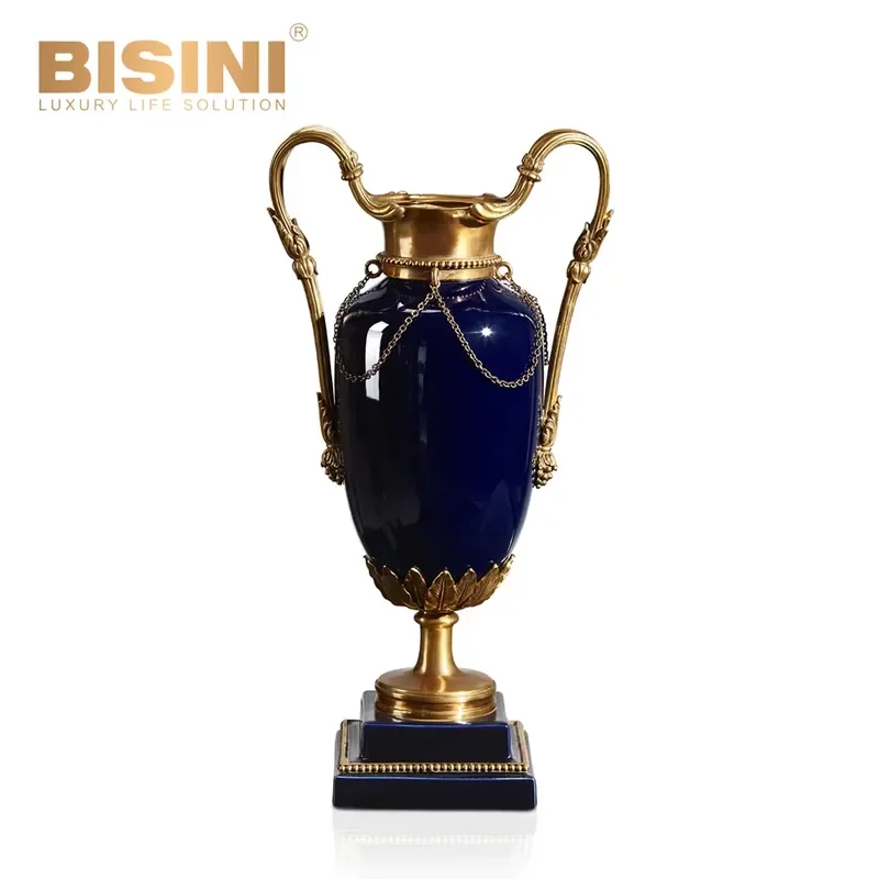 BISINI European Style Villa Gemstone Blue Porcelain and Copper Handmade Two-handled Vase Home Decor Tabletop Vase