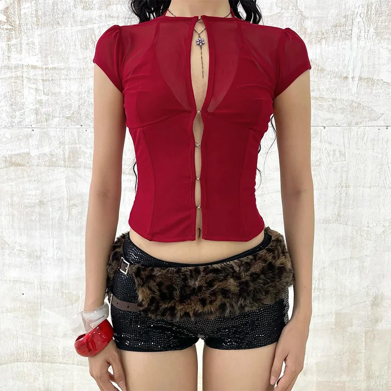 2026 Summer Women Y2K Sexy Club Party Sheer Mesh Solid Slim Fit Cropped Hook Eye Corset Round Neck Short Sleeve T-shirt Top