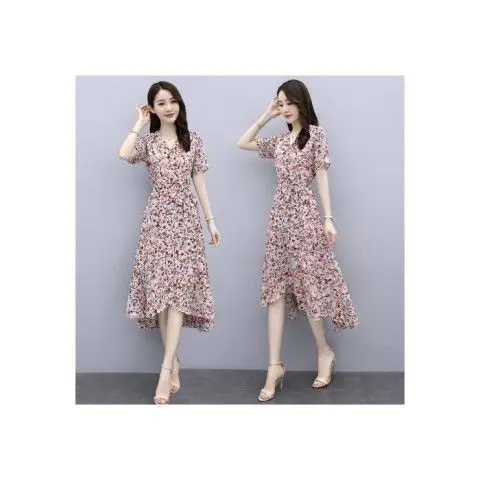 Französisches Chiffonkleid mit Blumendruck, Übergröße, schlankmachendes Midikleid in A-Linie, lässig, elegant