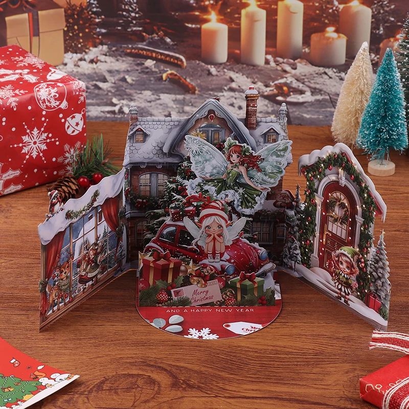 

3D Christmas Card Night Before Christmas Scene With Santa, Girl, Snowy Village Festive Holiday Greeting Card