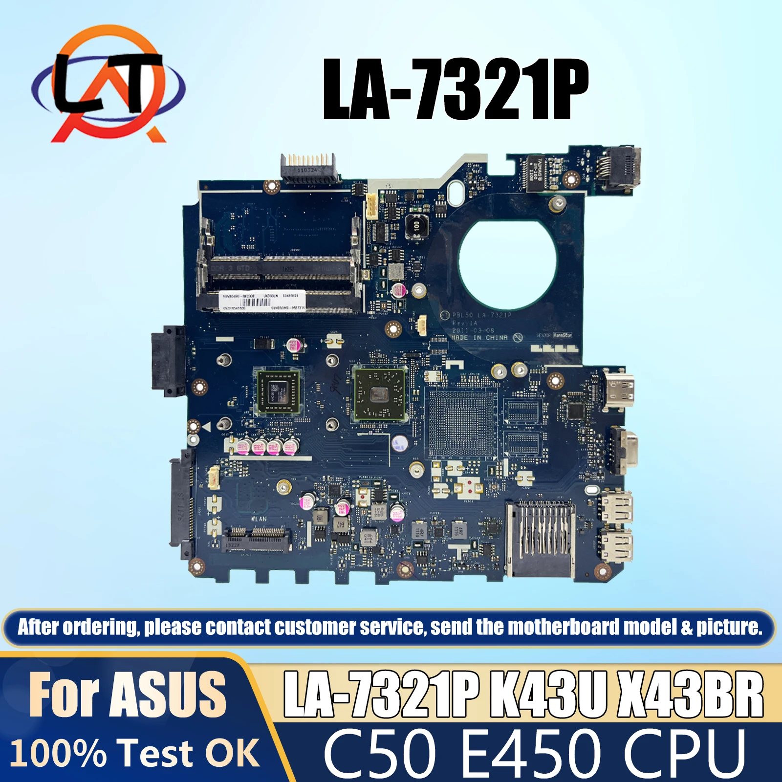 

LA-7321P notebook Mainboards For Asus K43U X43B X43U X43BR K43BR PBL50 Laptop Motherboard C50 E450 CPU 2G DDR3