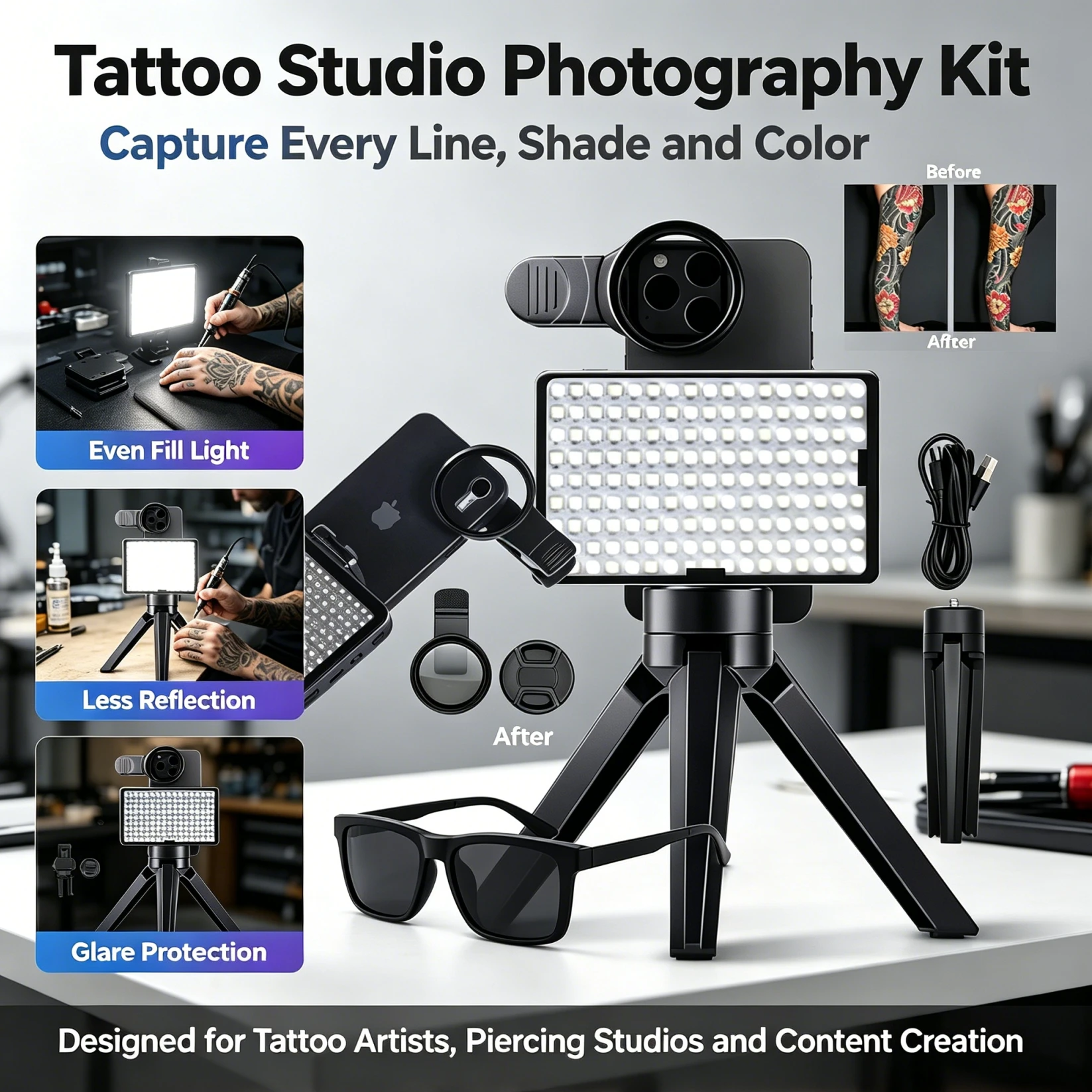 NARKASY Tattoo Light sunglass Kit with CPL Filter, Removes Glare for True Tattoo Colors, 120 High CRI LED Dimmable Light