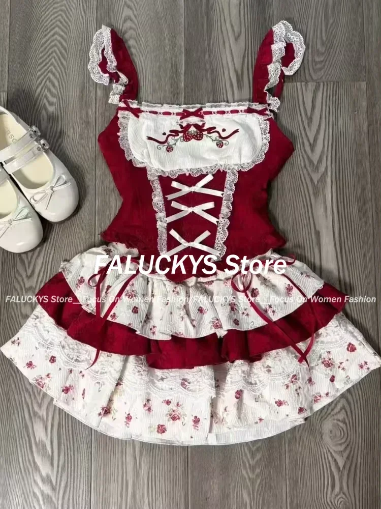 2024 France Vintage Slim Square Neck Print 2 Piece Set Women Sweet Cute Lace Bow Patchwork Tops Female + High Waist Short Skirt